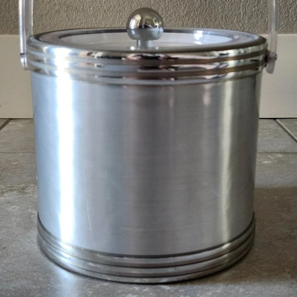 Vintage MCM Georges Briard Brushed Silver Tone Ice Bucket With Lid And Handle